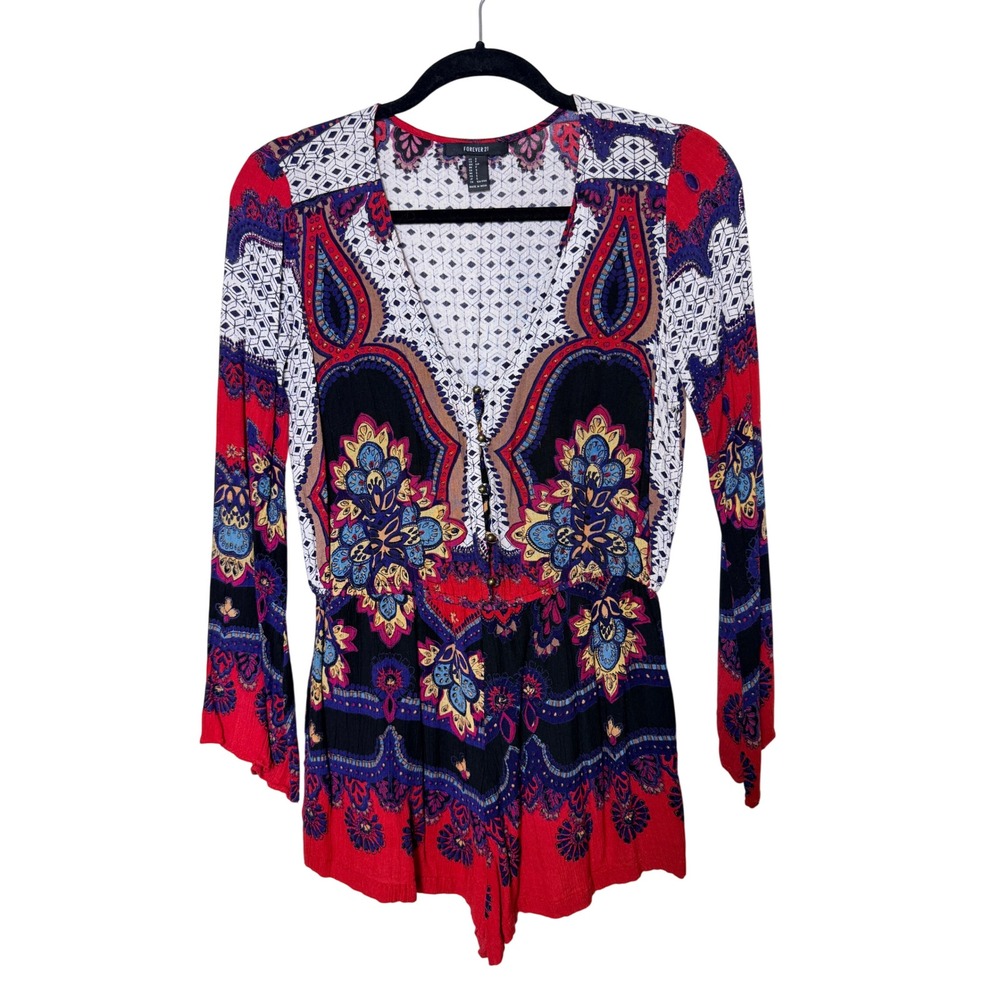 Forever21 Women S Paisley Medallion Romper Red Black Blue Bell Sleeve Boho Indie
